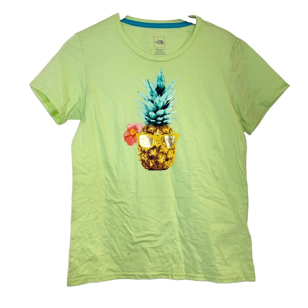 The North Face Girls Lime Green Tropical Pineapple Hawaiian T-Shirt Crew M 10-12
